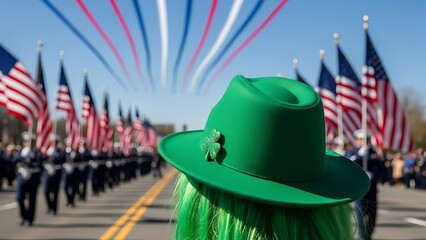 Person in green hat and wig observing a patriotic parade with american flags and colorful streamers