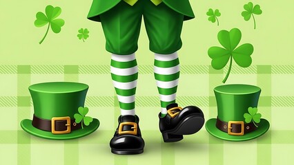 Leprechauns legs in green and white striped socks with two green top hats and shamrocks for st patricks day celebration