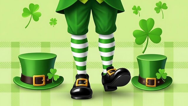Leprechauns legs in green and white striped socks with two green top hats and shamrocks for st patricks day celebration