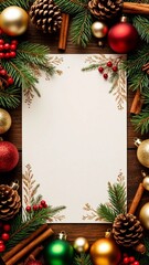 Blank christmas card surrounded by pine branches, pine cones, cinnamon sticks, and colorful baubles on wooden surface