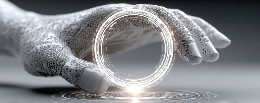 Futuristic white hand with a holographic circular interface performing a touch gesture over digital technology concept
