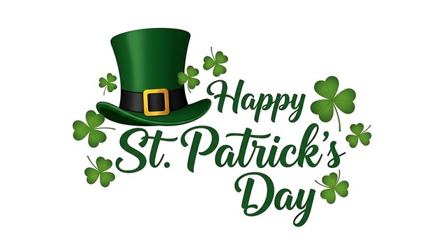 St patricks day celebration graphic featuring a festive green hat and lucky shamrocks, isolated on white background