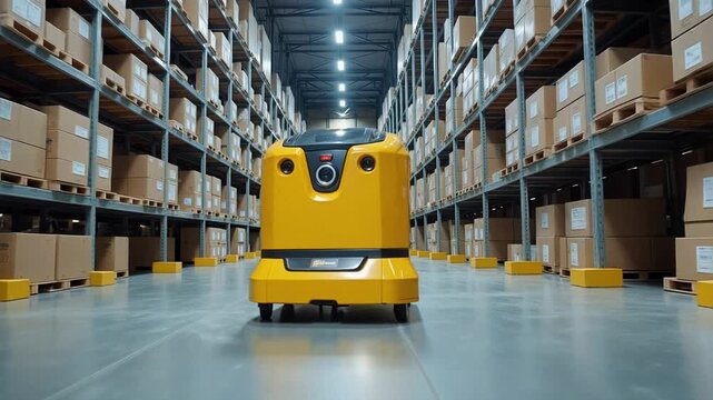 Smooth tracking of a yellow AGV robot efficiently moving boxes in a modern, automated warehouse. 4K footage ideal for logistics and supply chain needs.