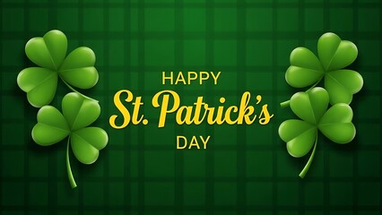 Happy st patricks day banner with fourleaf clovers on a green plaid background, celebrating irish luck