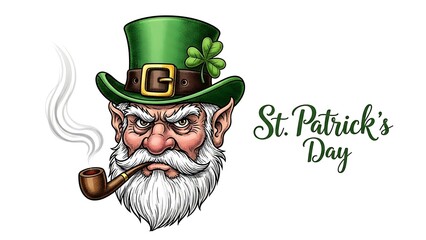 Angry leprechaun head with green hat, beard, and smoking pipe for st patricks day, isolated on white