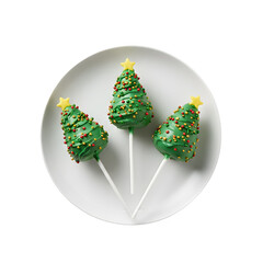 Green Christmas Tree Cake Pops with Holiday Sprinkles and Yellow Star Toppers isolated on a transparent background 