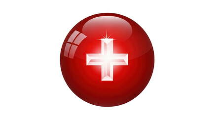Red glossy orb button with white cross icon symbolizing first aid or Swiss identity isolated PNG with Transparent Background