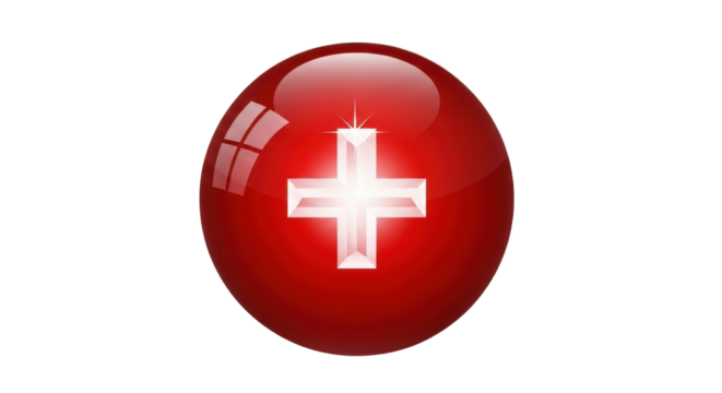 Red glossy orb button with white cross icon symbolizing first aid or Swiss identity isolated PNG with Transparent Background