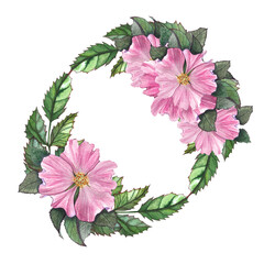 watercolor frame with rosehip flowers, illustration for design, tableware, and postcards