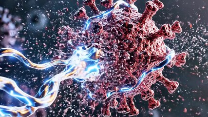 Close-up view of a coronavirus virion with spike proteins near an azure immune molecule for science - Powered by Adobe