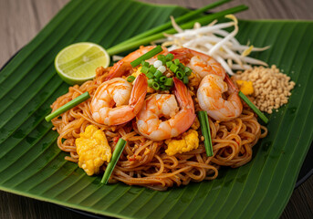 Pad Thai with prawns served on a banana leaf	