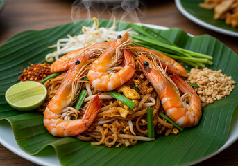 Pad Thai with prawns served on a banana leaf	