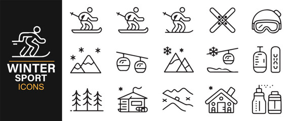 Fototapeta premium Line-style winter sports icons with skiing, snowboarding, mountains, and alpine gear