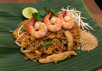 Pad Thai with prawns served on a banana leaf	