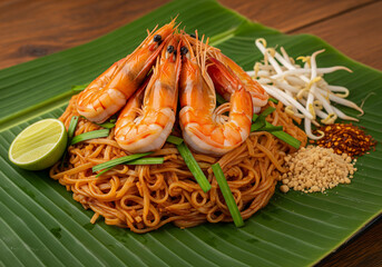 Pad Thai with prawns served on a banana leaf	