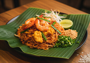 Pad Thai with prawns served on a banana leaf	
