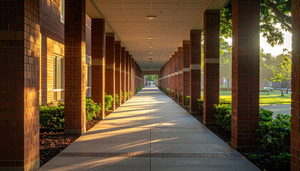 Brick Colonnade Pathway, Park Entrance, Green Trees