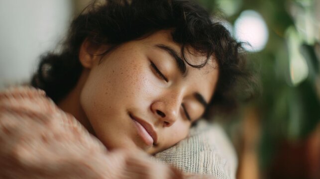 Close-up portrait of a young woman with curly hair. she is resting her head on a pillow with her eyes closed and her head resting on her hand.