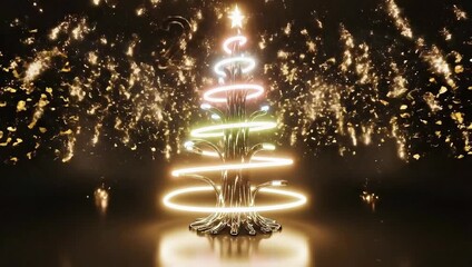 Vibrant Neon Christmas Tree With Golden Confetti And 2024 Text In Dark Studio