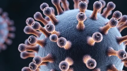 Closeup 3d rendering of a coronavirus particle showing the characteristic spike proteins on a dark background, illustrating a microscopic view of a virus - Powered by Adobe