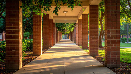 Brick Colonnade Pathway, Park Entrance, Green Trees