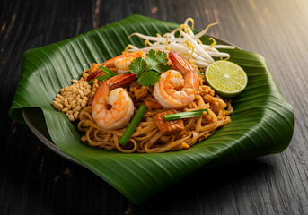 Pad Thai with prawns served on a banana leaf	