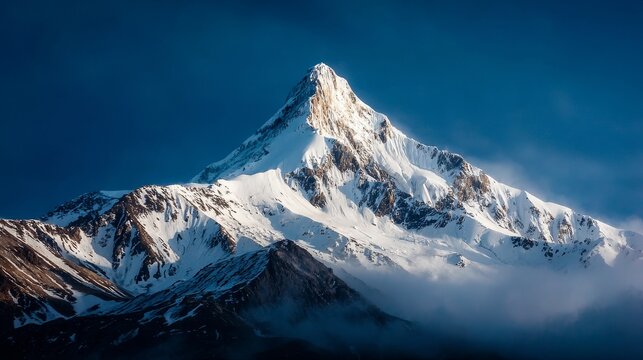 Breathtaking View of Majestic Snow-Capped Mountain Peak Shining Under Brilliant Blue Sky at Sunrise
