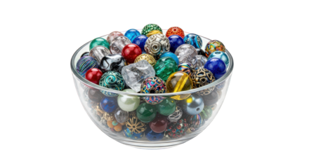 Glass bowl filled with colorful beads isolated on transparent background
