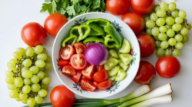 Fresh assortment of colorful raw vegetables and green grapes arranged on a white surface, ready for salad preparation