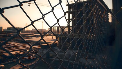 Construction site viewed through a chain link fence showing industrial materials heavy structures and early stage building progress framed by metal mesh in an urban development area