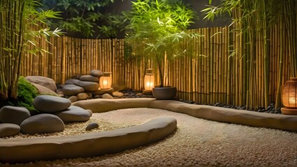 Small garden with rocks bamboo and green plants forming a calm outdoor setting with natural textures soft shapes and peaceful arrangement creating a simple balanced landscaped area