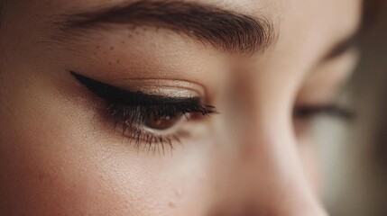 Obraz premium Close-up of a woman's eye. the eye is closed and the focus is on her eyelid. she has long, dark eyelashes that are slightly curled at the ends. her eyebrows are neatly groomed and well-defined.