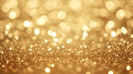 A luxurious golden glitter background featuring radiant sparkling lights and elegant bokeh effects. The shimmering particles and warm metallic tones create a glamorous and festive atmosphere, ideal  