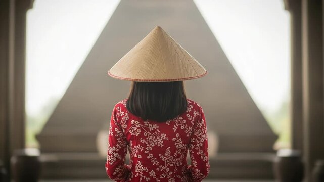 Rear view of a woman wearing a traditional vietnamese conical hat and a red floral patterned dress standing in a dimly lit architectural setting