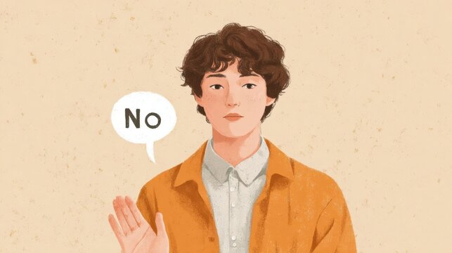Illustration of a young man with curly hair. he is wearing a yellow jacket and a white collared shirt. he has a speech bubble above his head with the word "no" written inside it. - Powered by Adobe