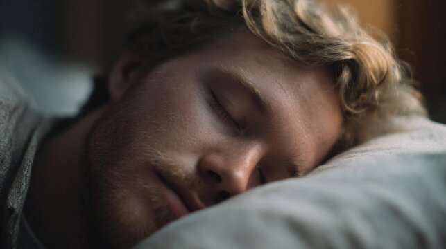 Close-up of a man's face, with his eyes closed and his head resting on a white pillow. he appears to be sleeping, with a peaceful expression on his face. - Powered by Adobe