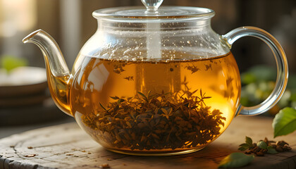 Glass tea pot filled with flowers on a wooden table creating a calm arrangement that shows the clear glass container resting on the wooden surface with the flowers visible inside