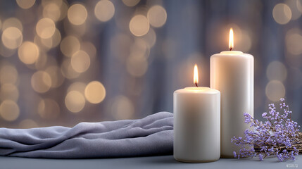 Two white pillar candles with soft flames, lavender flowers, and gray fabric on table, bokeh lights in background create calm mood