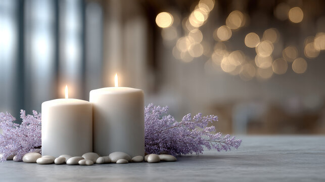Two white pillar candles with soft flames, surrounded by lavender flowers and white pebbles, create peaceful, cozy atmosphere indoors