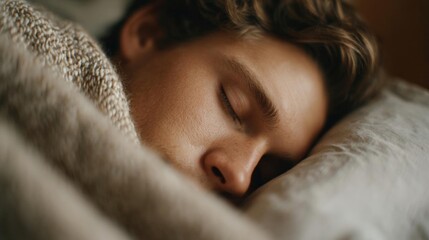 Close-up of a young man's face, with his eyes closed and his head resting on a white pillow. he appears to be sleeping peacefully, with a blanket draped over his head.