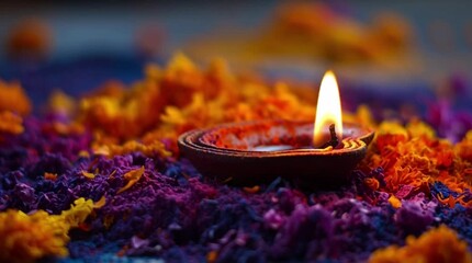 Close-up of a lit diya lamp surrounded by colorful flowers and petals on a purple background, symbolizing Diwali celebrations with warm, vibrant tones.