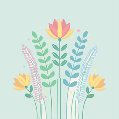Delicate Pastel Floral Arrangement With Yellow Flowers And Green Leaves On A Soft Blue Background