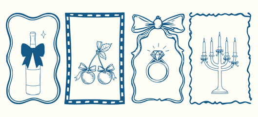 Coquette Celebration Icon Set &ndash; Hand Drawn Bow-Adorned Wine, Ring, Cherries & Candle Vectors for Romantic Design