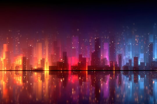 Vibrant neon city skyline at night with glowing square lights and reflective water - Powered by Adobe