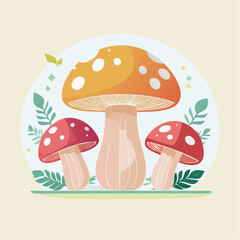Whimsical Pixel Art Mushroom Family Surrounded by Lush Green Foliage in Soft Pastel Colors