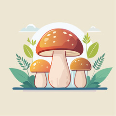 Whimsical Forest Trio With Three Orange Caps And White Stems Surrounded By Green Foliage And Pale Blue Clouds