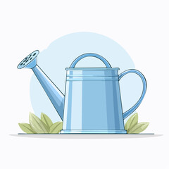 A Blue Metal Watering Can With a Light Blue Background And Green Plants On A White Surface