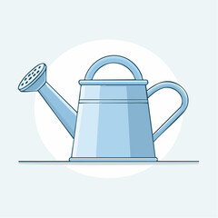 Light Blue Watering Can With Handle and Spout on a Pale Blue Circular Background with a Flat Grey Line Base