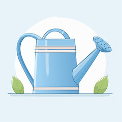 Light Blue Watering Can With Two Green Leaves On A Light Blue Background With A White Circle