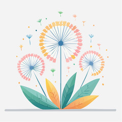 Delicate Dandelion Blooms In Pastel Hues With Green And Yellow Leaves On A White Background